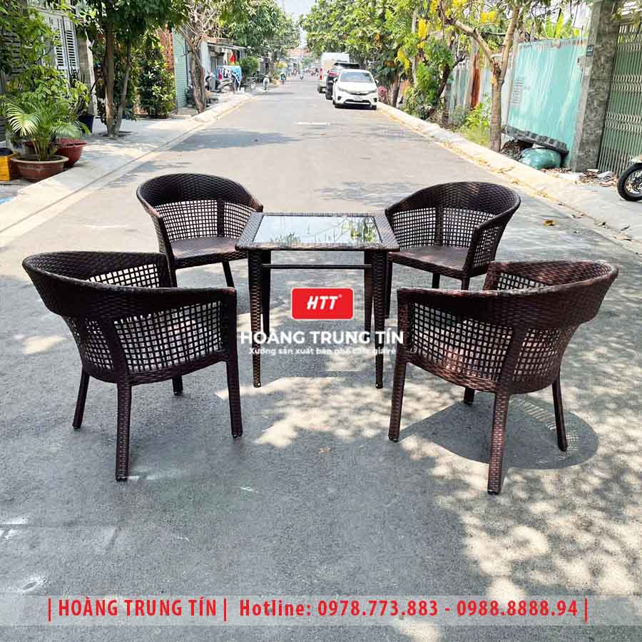 Bàn ghế cafe đan nhựa giả mây HTT-009