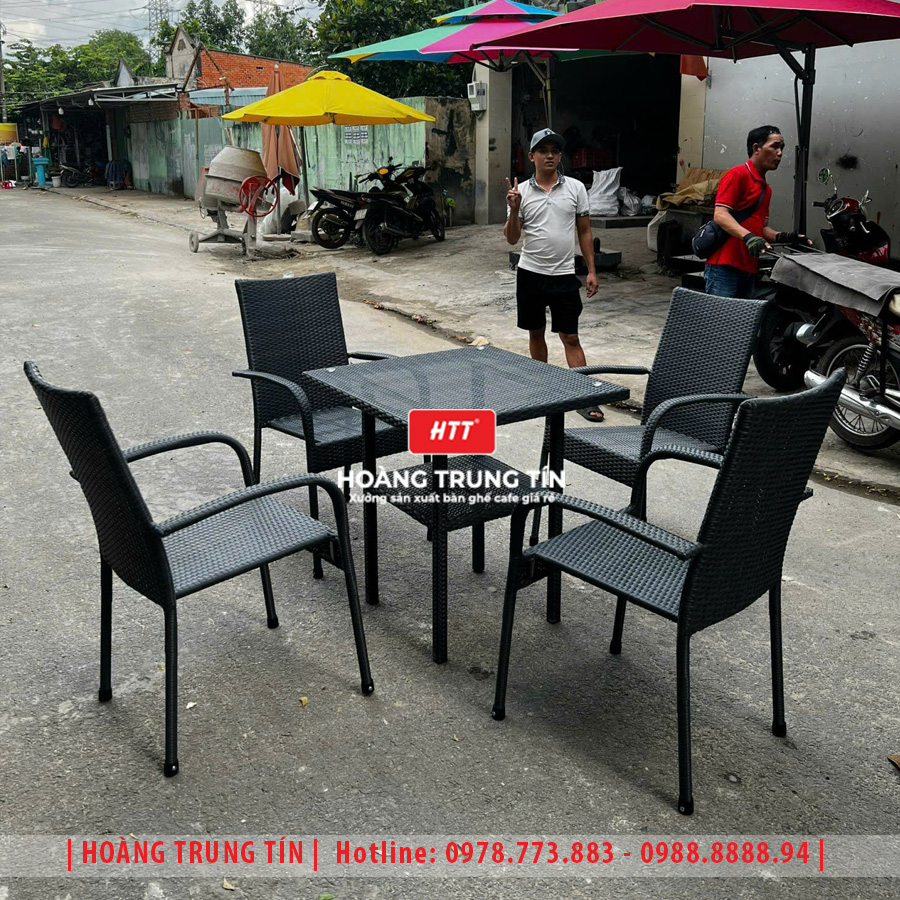 Bàn ghế cafe đan nhựa giả mây HTT-052