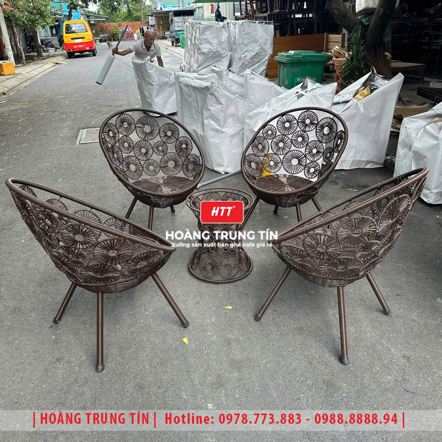 Bàn ghế cafe đan nhựa giả mây HTT-055