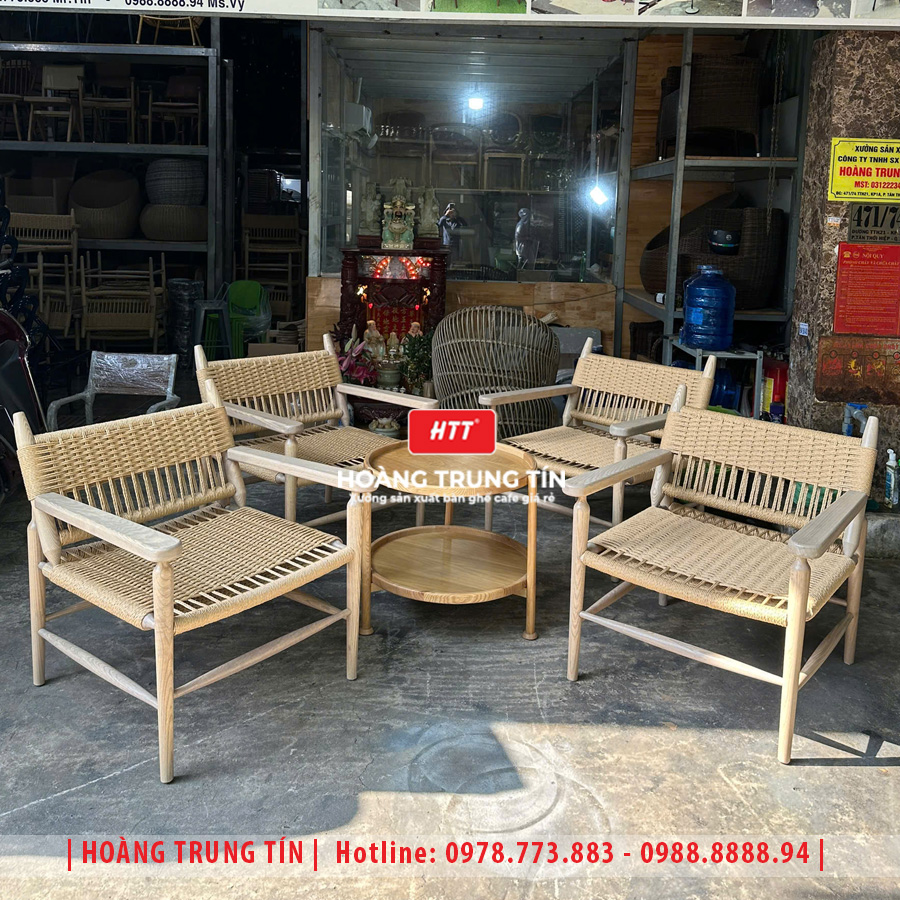 Bàn ghế cafe gỗ đan dây cói HTT-02 đẹp giá rẻ 2026