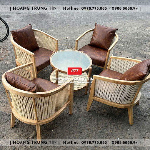 Bàn ghế cafe gỗ nệm HTT002 đẹp giá rẻ 2026