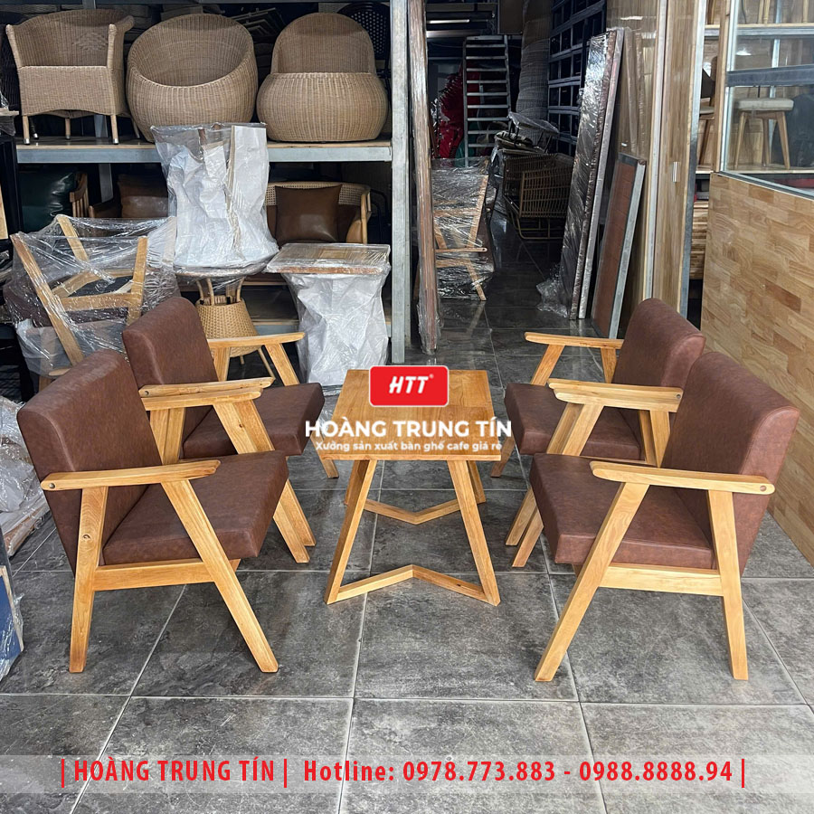 Bàn ghế cafe gỗ nệm HTT023 đẹp giá rẻ 2026