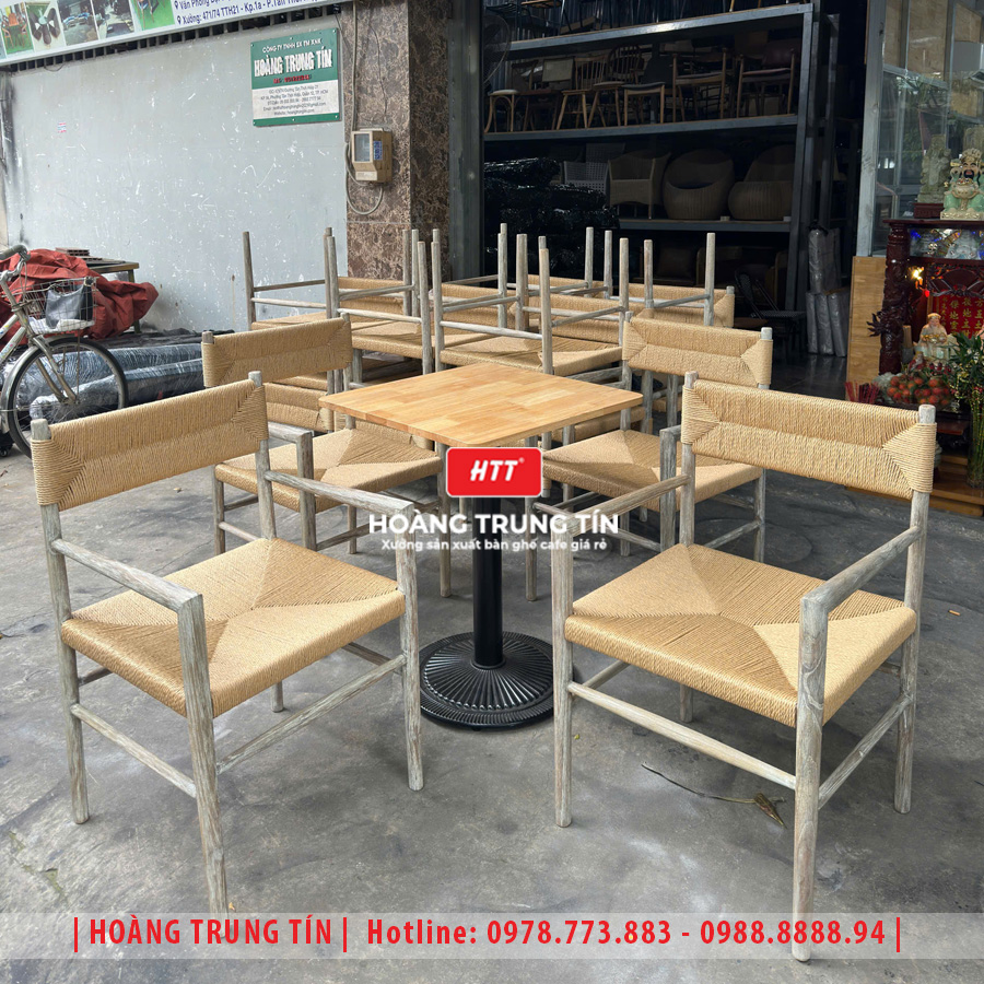 Bàn ghế cafe gỗ đan dây cói HTT-01 đẹp giá rẻ 2026