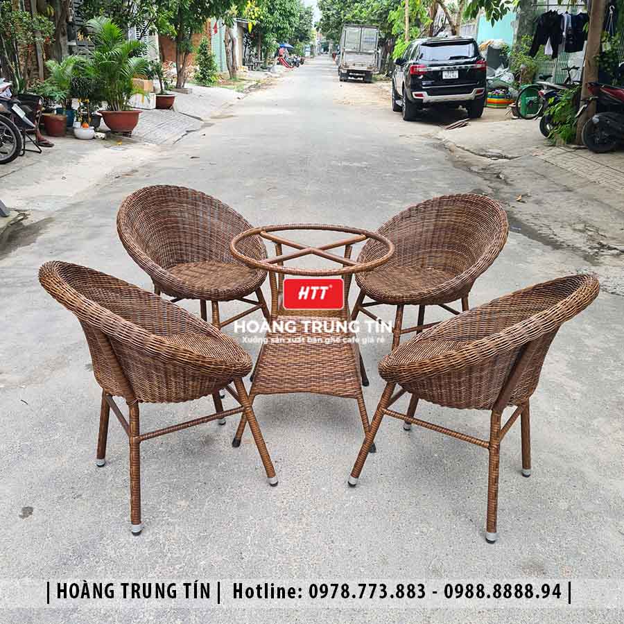 Bàn ghế cafe đan nhựa giả mây ngoài trời HTT35