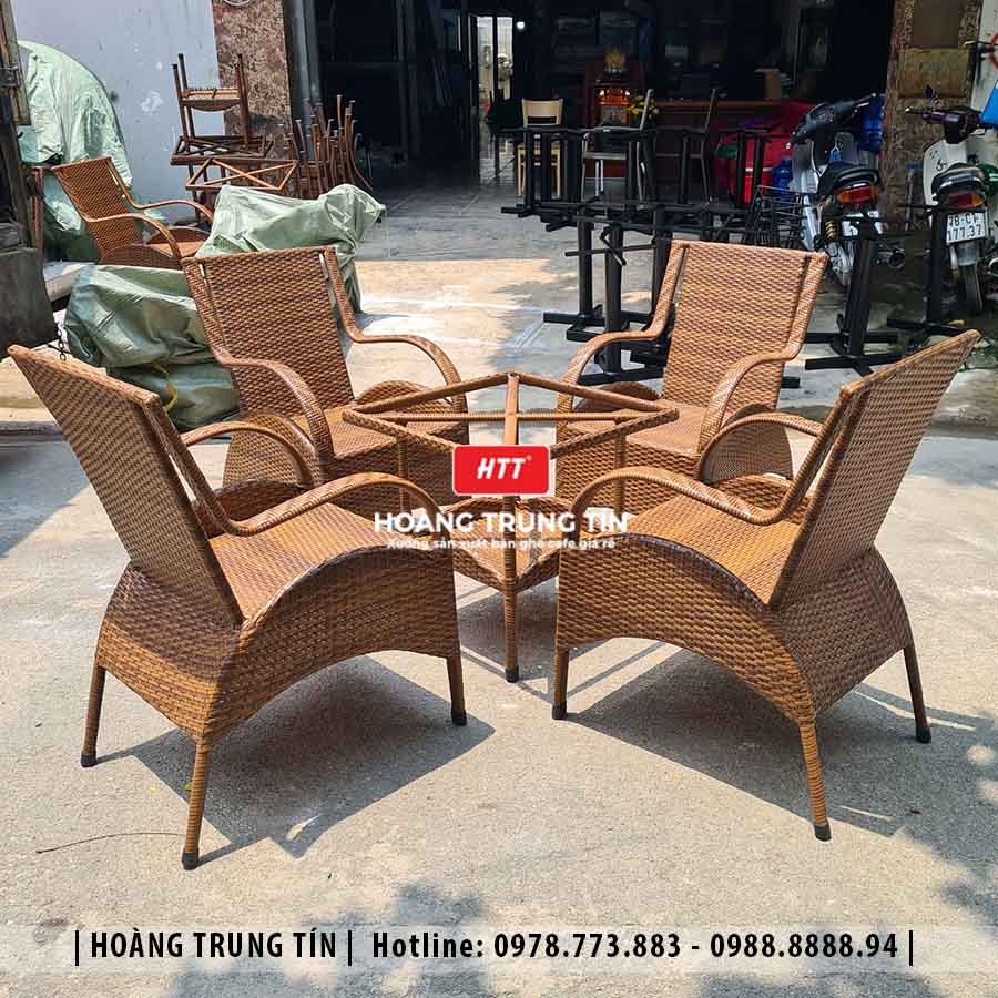 Bàn ghế cafe đan nhựa giả mây ngoài trời HTT36