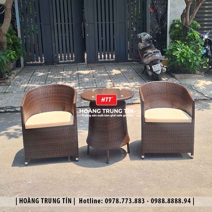 Bàn ghế cafe đan nhựa giả mây ngoài trời HTT37