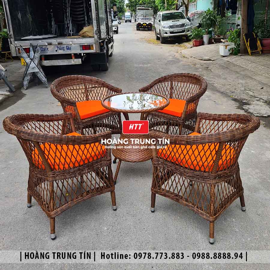 Bàn ghế cafe đan nhựa giả mây ngoài trời HTT38