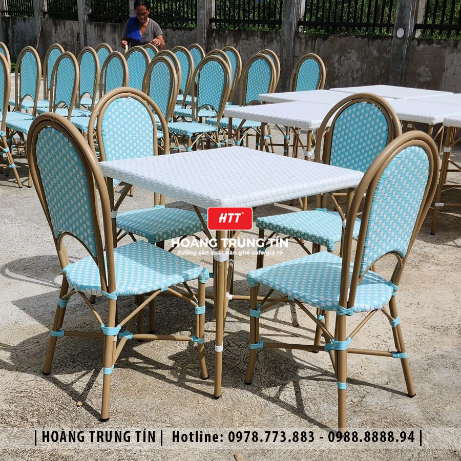 Bàn ghế cafe đan nhựa giả mây ngoài trời HTT04