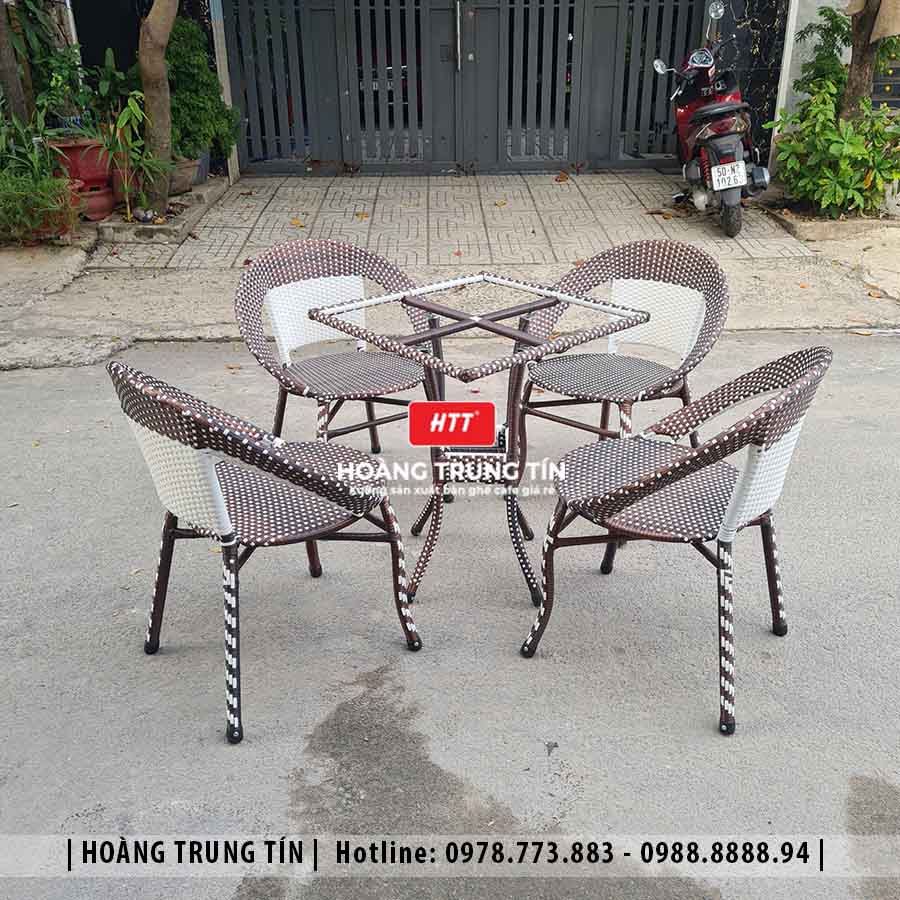 Bàn ghế cafe đan nhựa giả mây ngoài trời HTT43