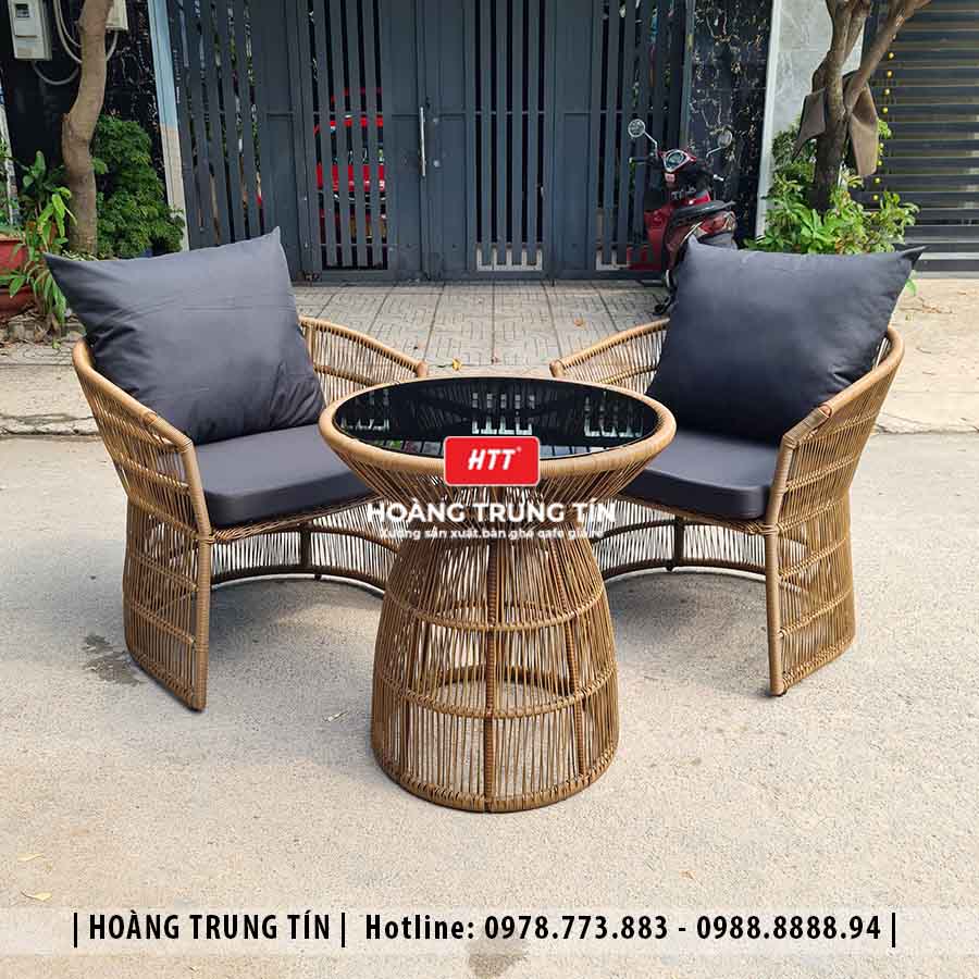 Bàn ghế cafe đan nhựa giả mây ngoài trời HTT44
