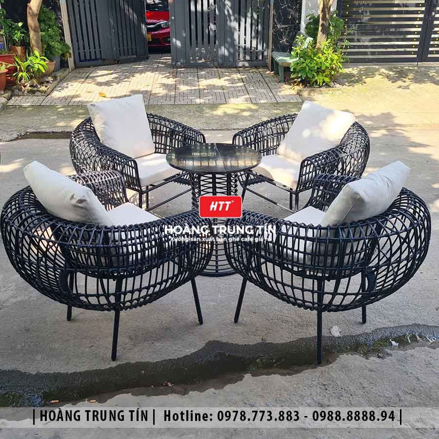 Bàn ghế cafe đan nhựa giả mây ngoài trời HTT45