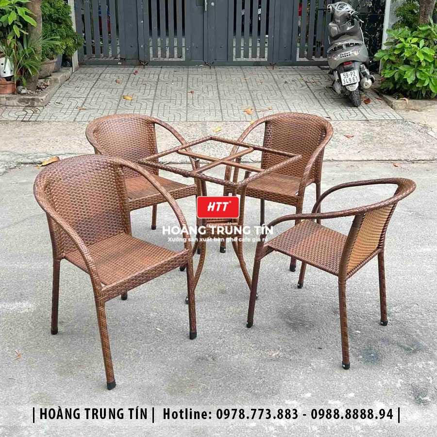 Bàn ghế cafe đan nhựa giả mây ngoài trời HTT15