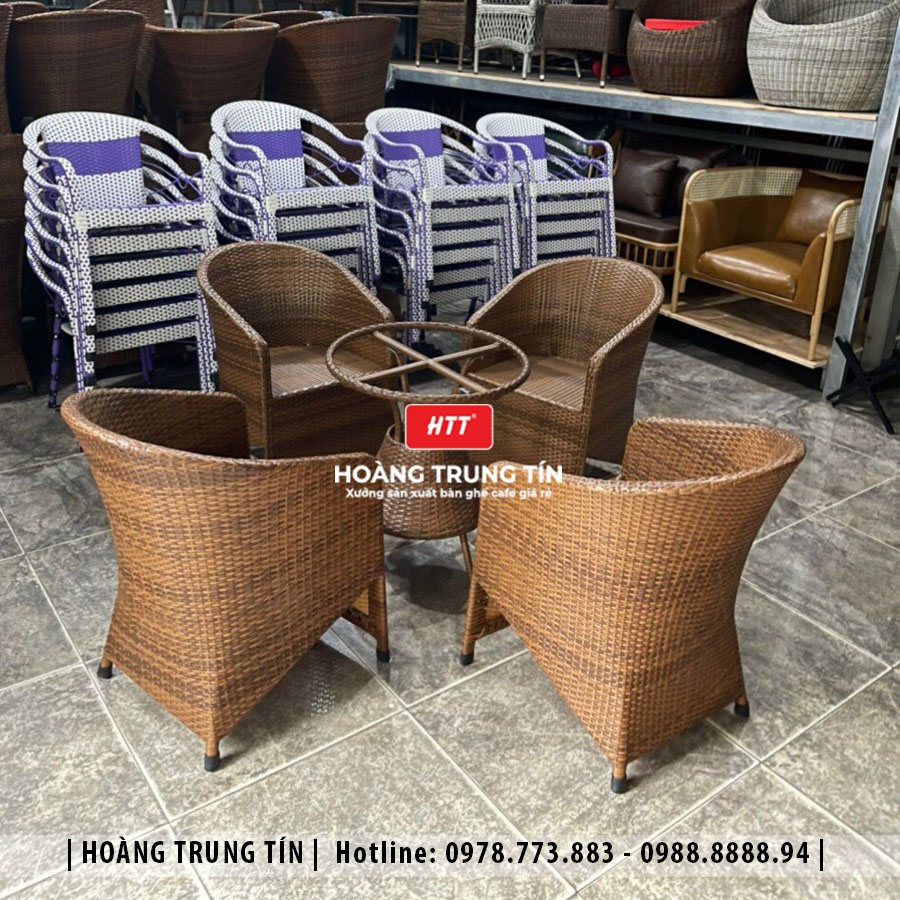 Bàn ghế cafe đan nhựa giả mây ngoài trời HTT19