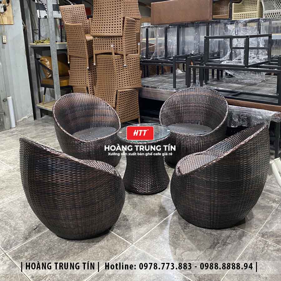 Bàn ghế cafe đan nhựa giả mây ngoài trời HTT27