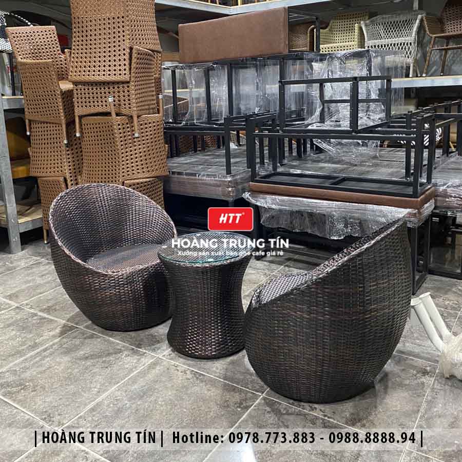 Bàn ghế cafe đan nhựa giả mây ngoài trời HTT27