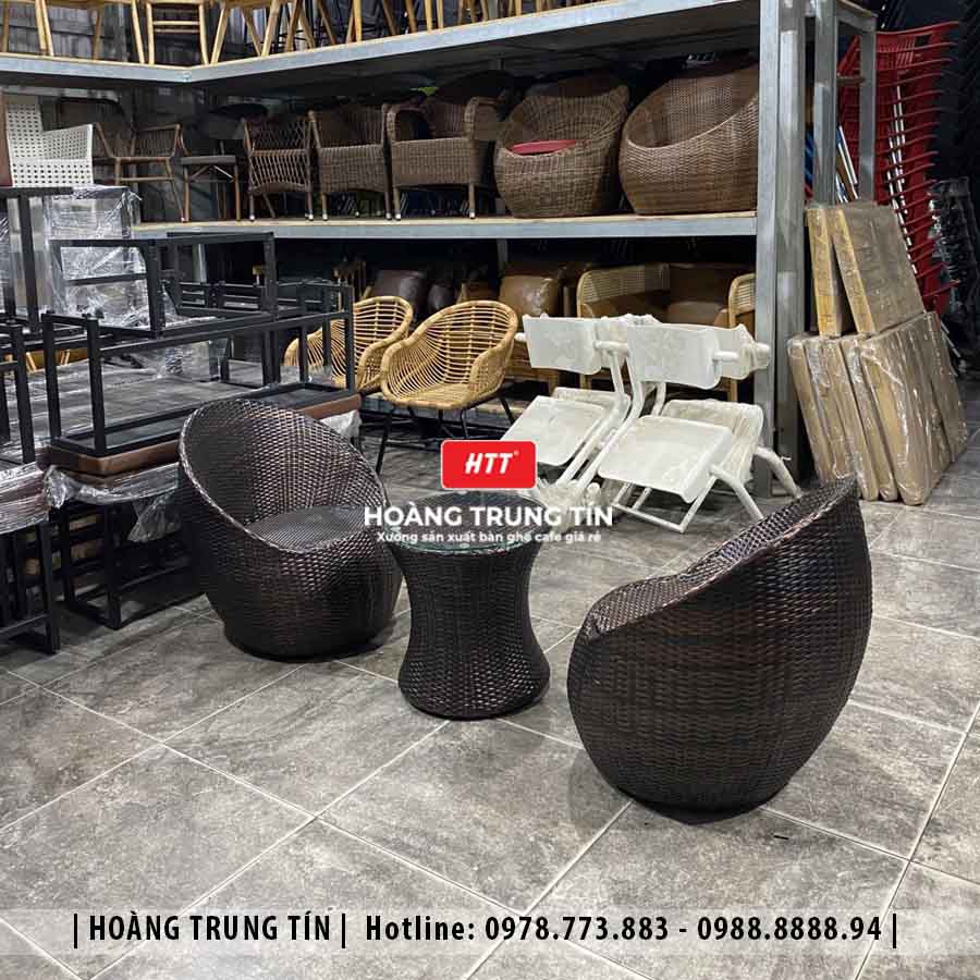 Bàn ghế cafe đan nhựa giả mây ngoài trời HTT27