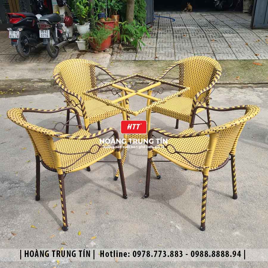 Bàn ghế cafe đan nhựa giả mây ngoài trời HTT32
