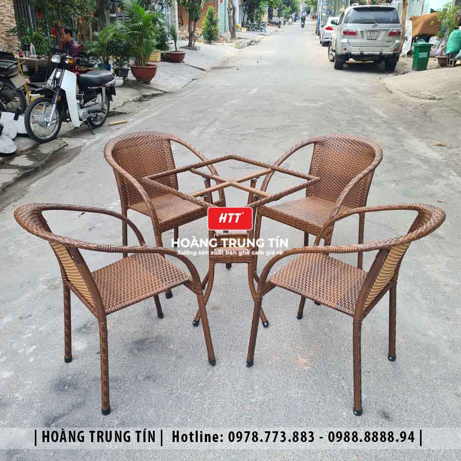 Bàn ghế cafe đan nhựa giả mây ngoài trời HTT33