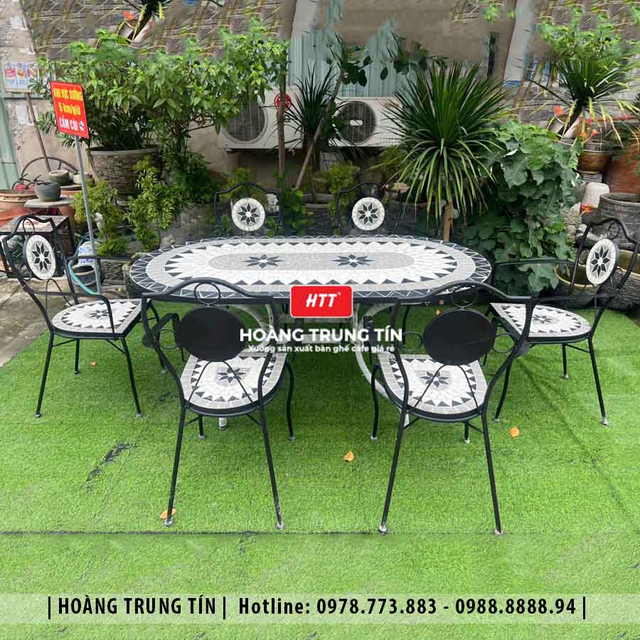 Bàn ghế cafe mosaic sắt gạch ngoài trời HTT-02