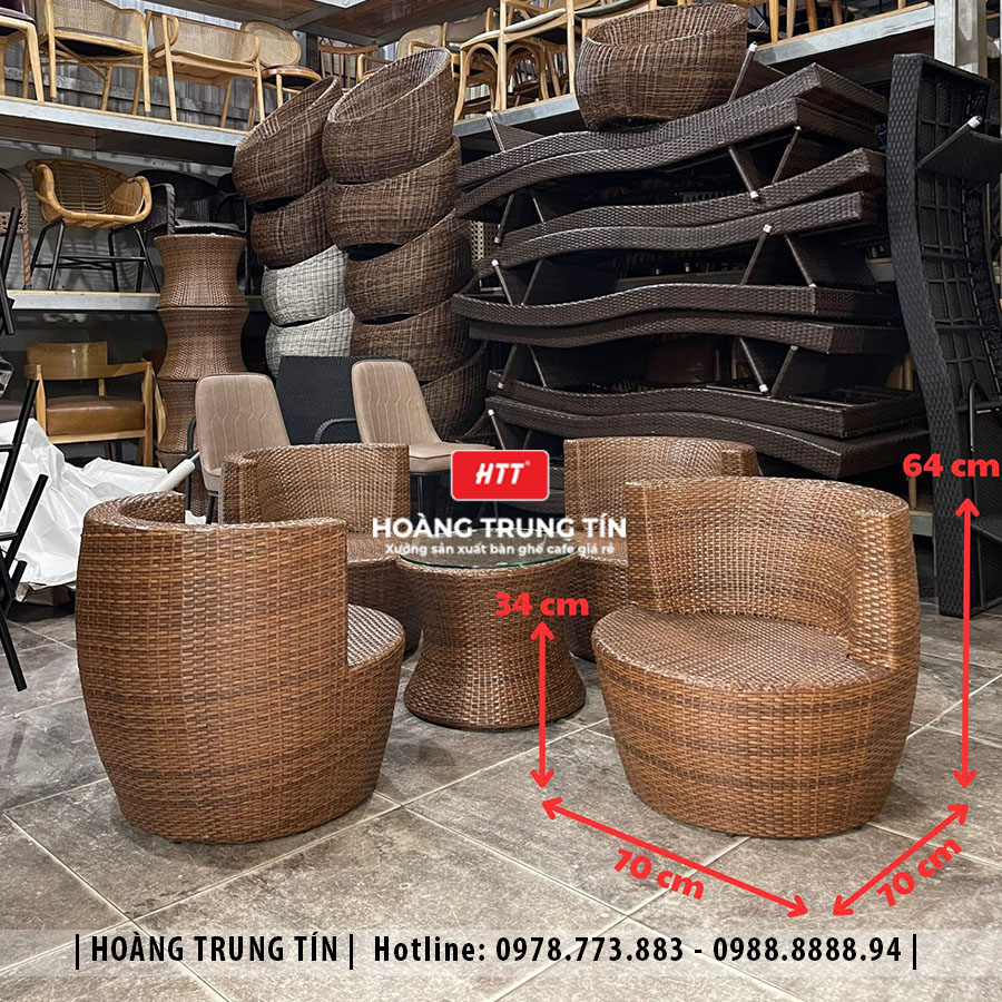 Bàn ghế chai đan nhựa giả mây ngoài trời HTT01