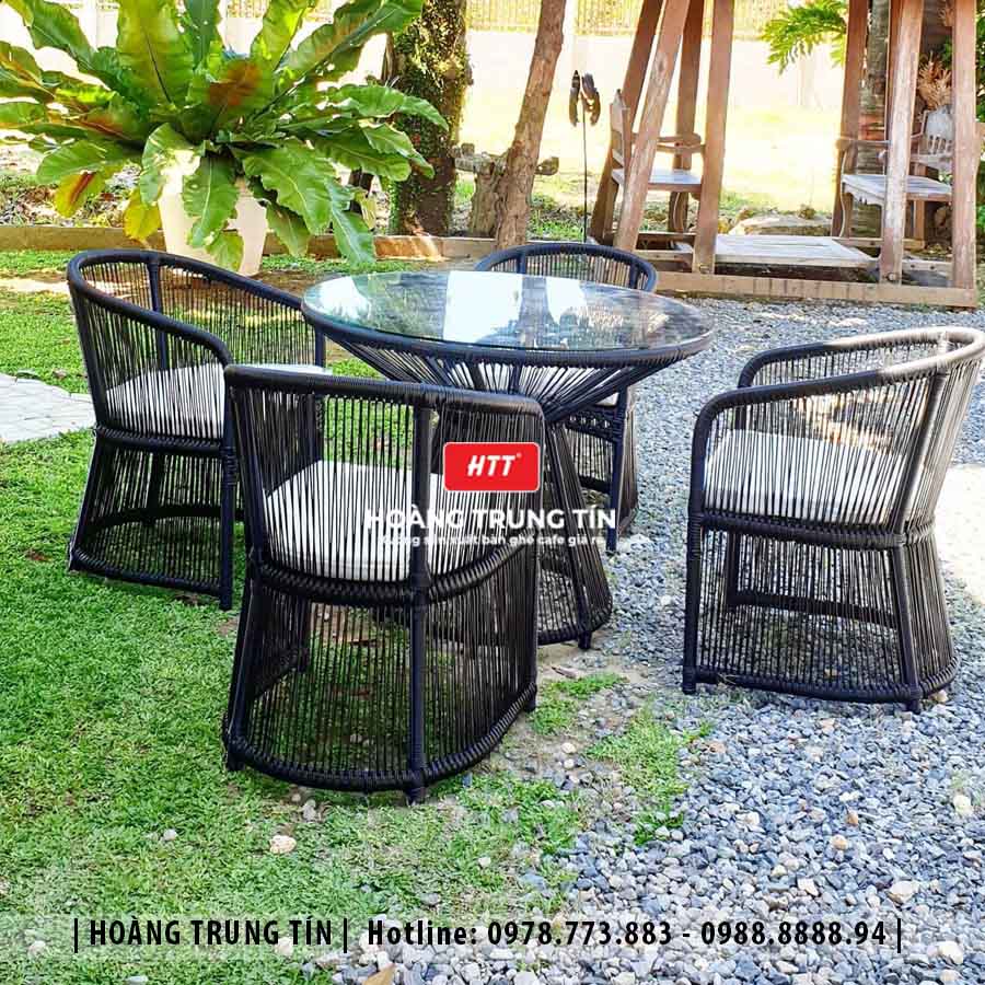 Bàn ghế cafe đan nhựa giả mây ngoài trời HTT23