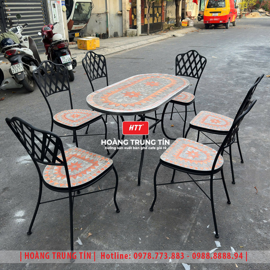 Bàn ghế cafe mosaic sắt gạch ngoài trời HTT-05