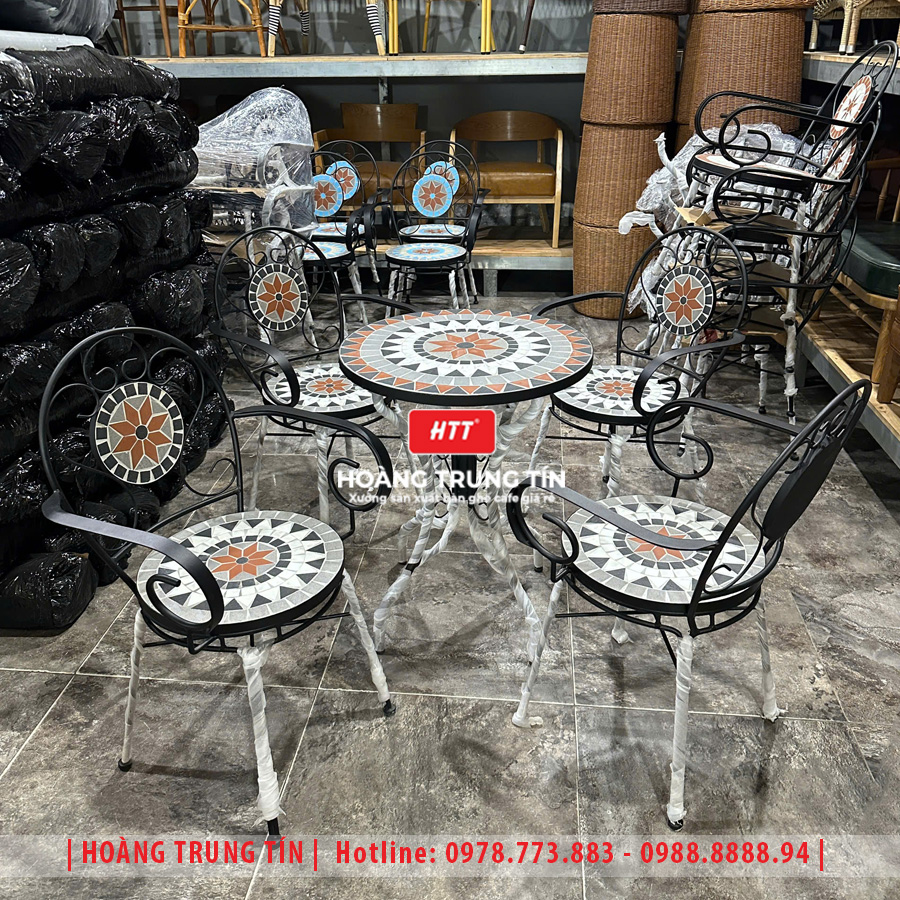 Bàn ghế cafe mosaic sắt gạch ngoài trời HTT-07