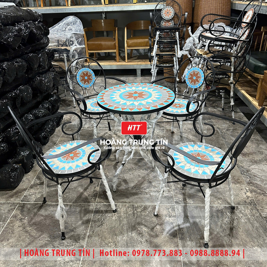 Bàn ghế cafe mosaic sắt gạch ngoài trời HTT-07