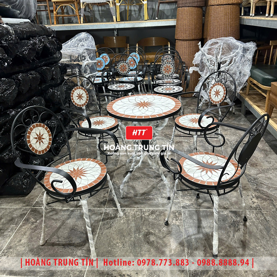 Bàn ghế cafe mosaic sắt gạch ngoài trời HTT-07