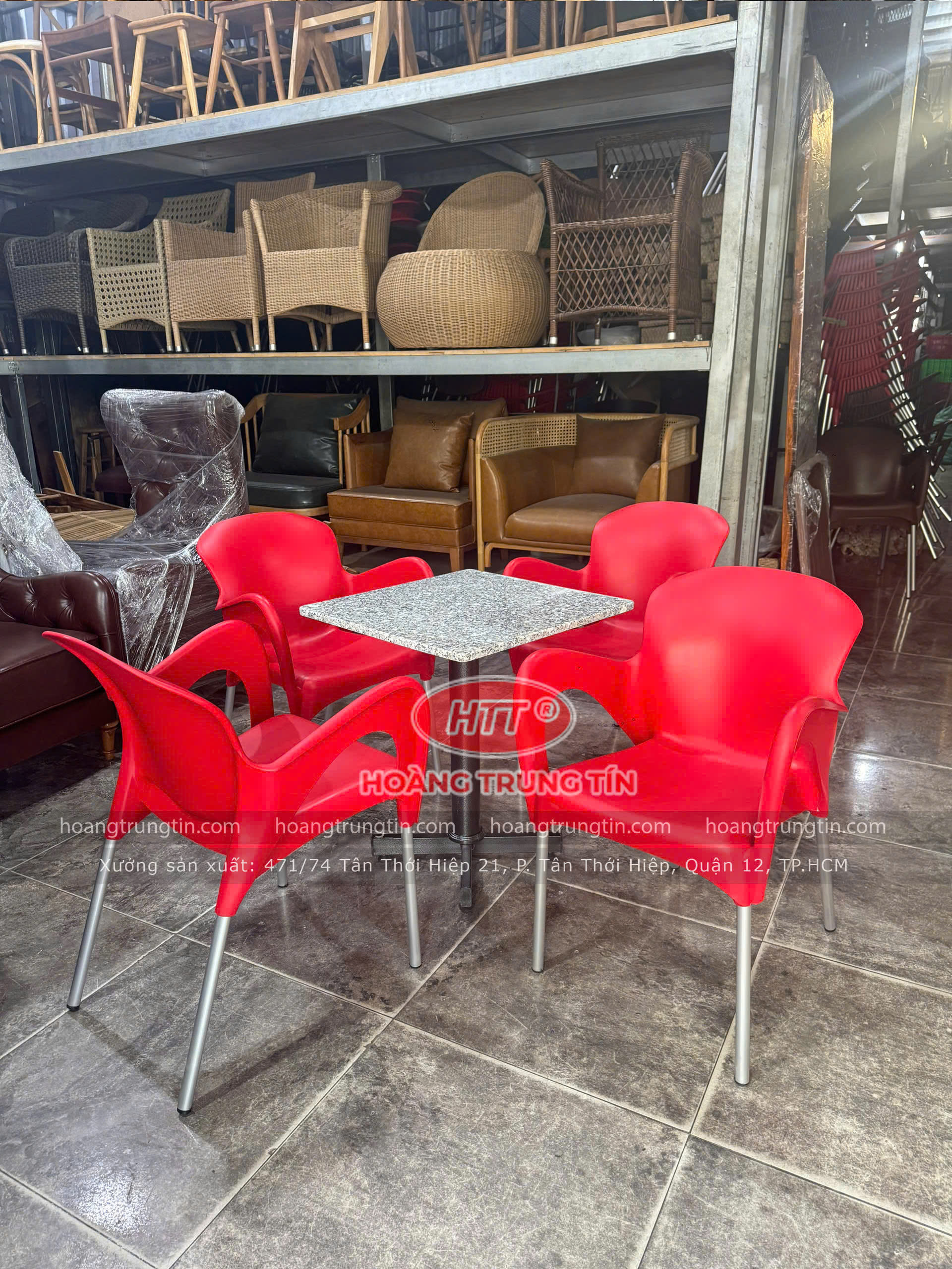 Bàn ghế cafe inox mê nhựa đúc HTT007