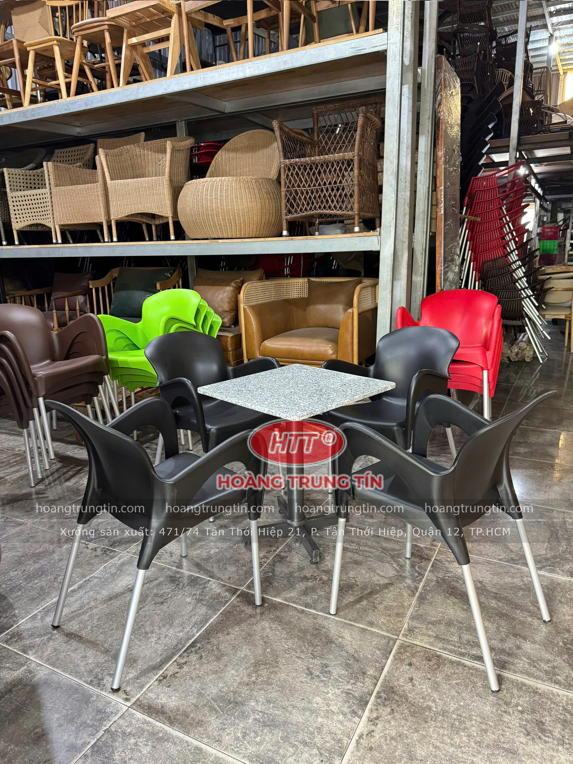 Bàn ghế nhựa đúc chân nhôm HTT04