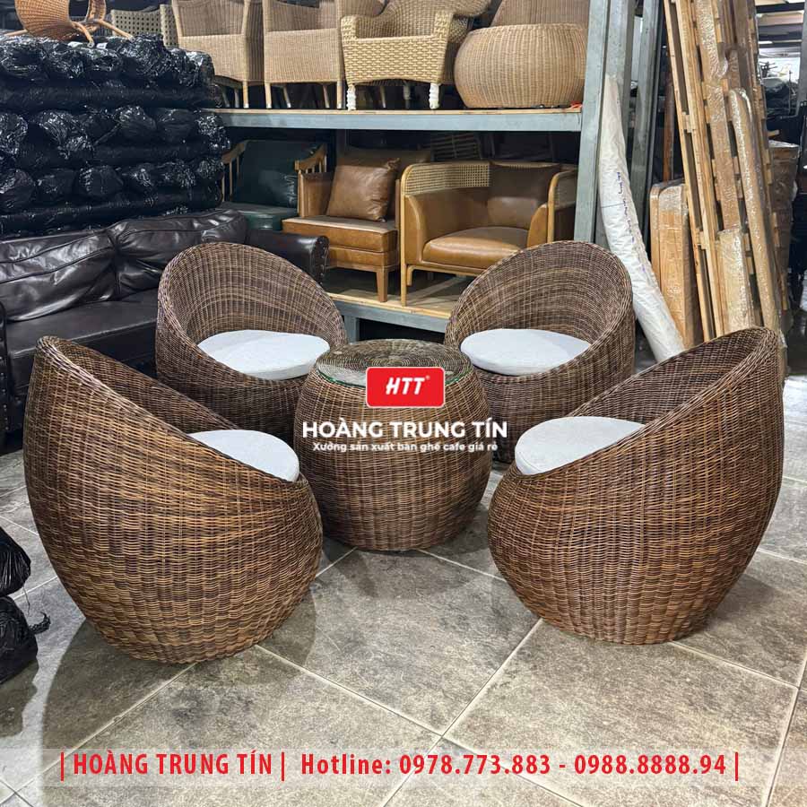 Bàn ghế trứng đan nhựa giả mây HTT25