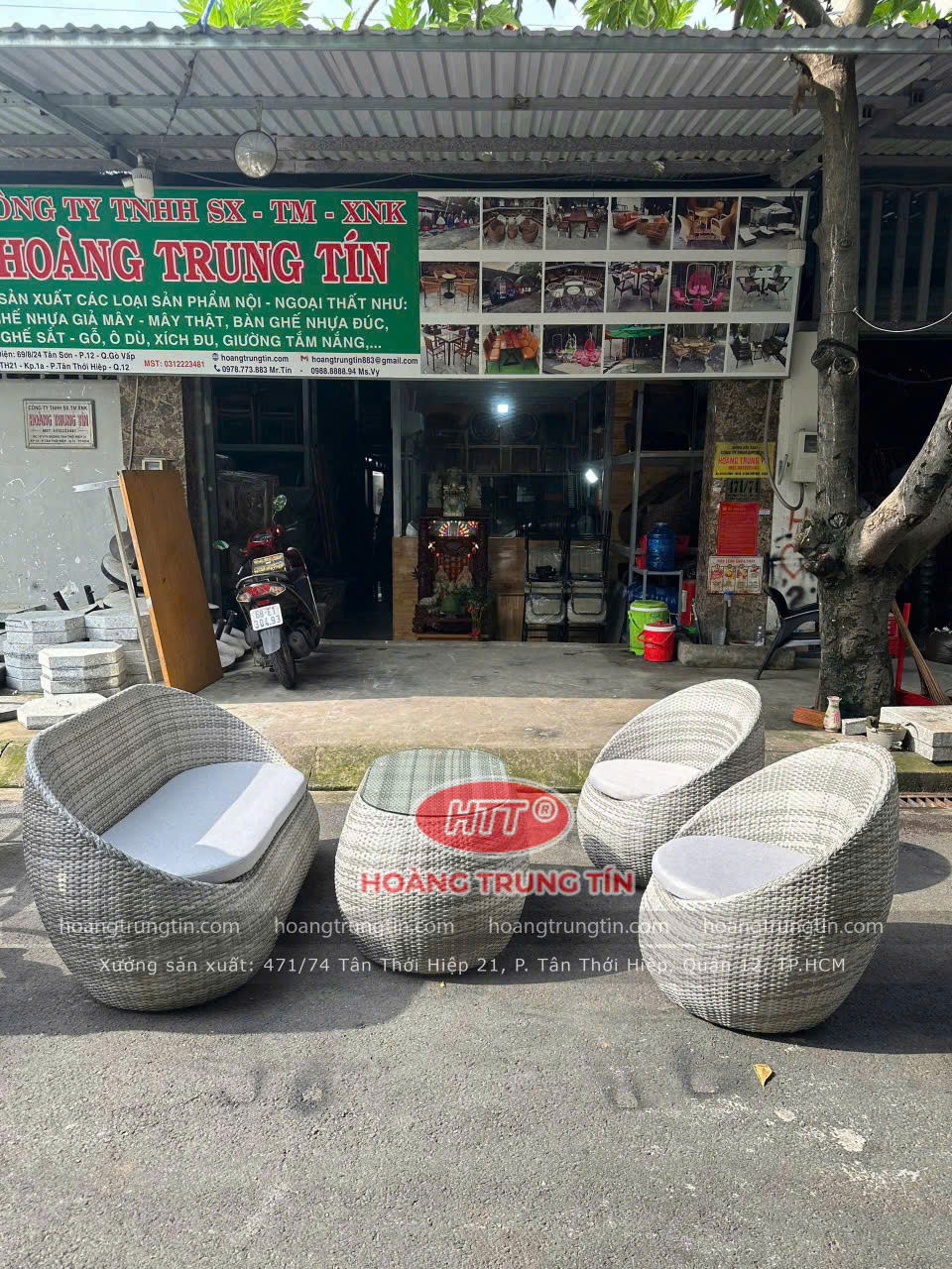 B&agrave;n Ghế Trứng Đan Nhựa Giả M&acirc;y M&agrave;u Trắng X&aacute;m