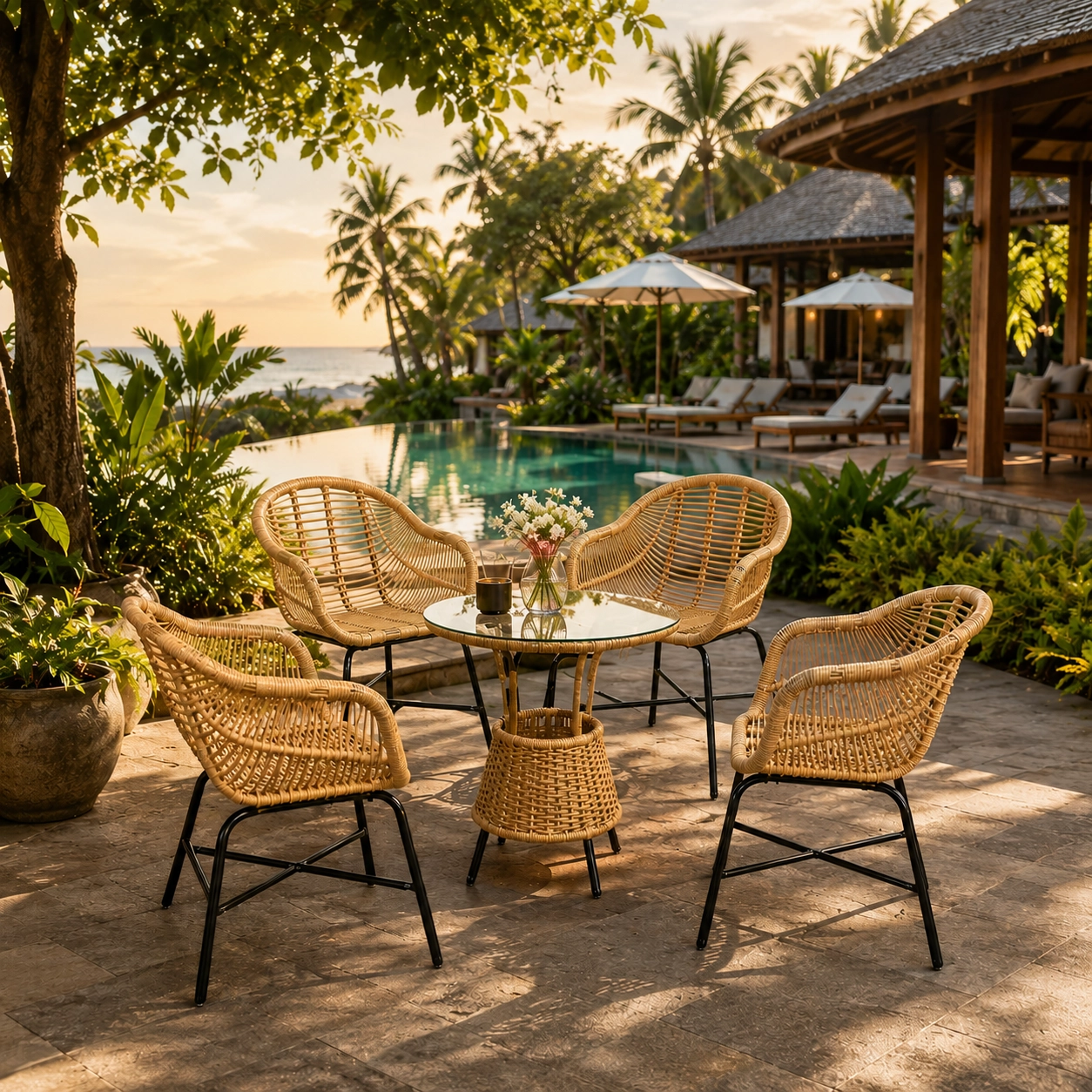 Ghế nhựa giả m&acirc;y đan b&oacute; m&iacute;a đặt ở resort