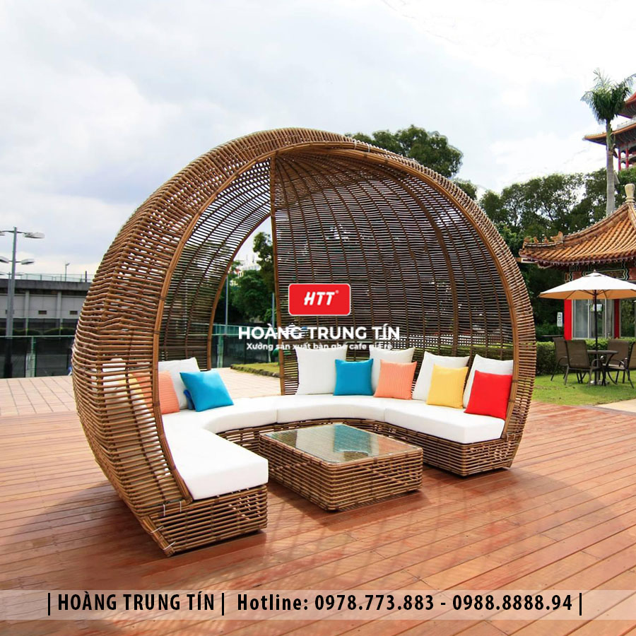 Giường tắm nắng mái vòm đan nhựa giả mây HTT008