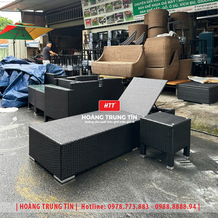 Giường tắm nắng đan nhựa giả mây HTT025