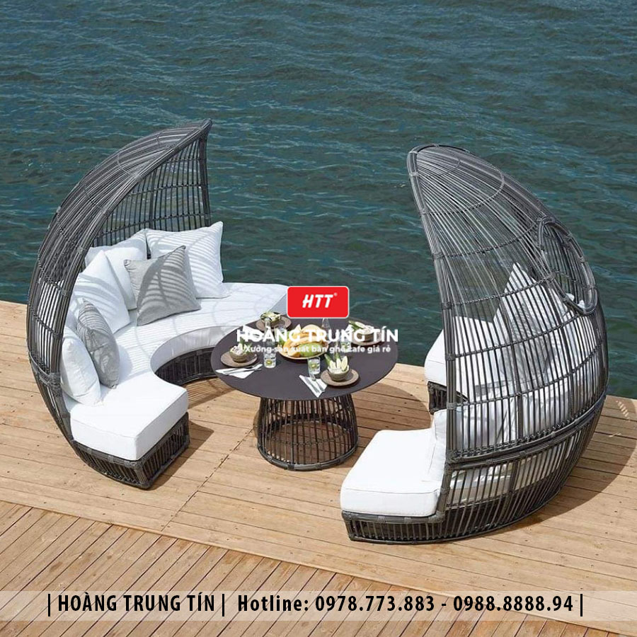 Giường tắm nắng mái vòm đan nhựa giả mây HTT003