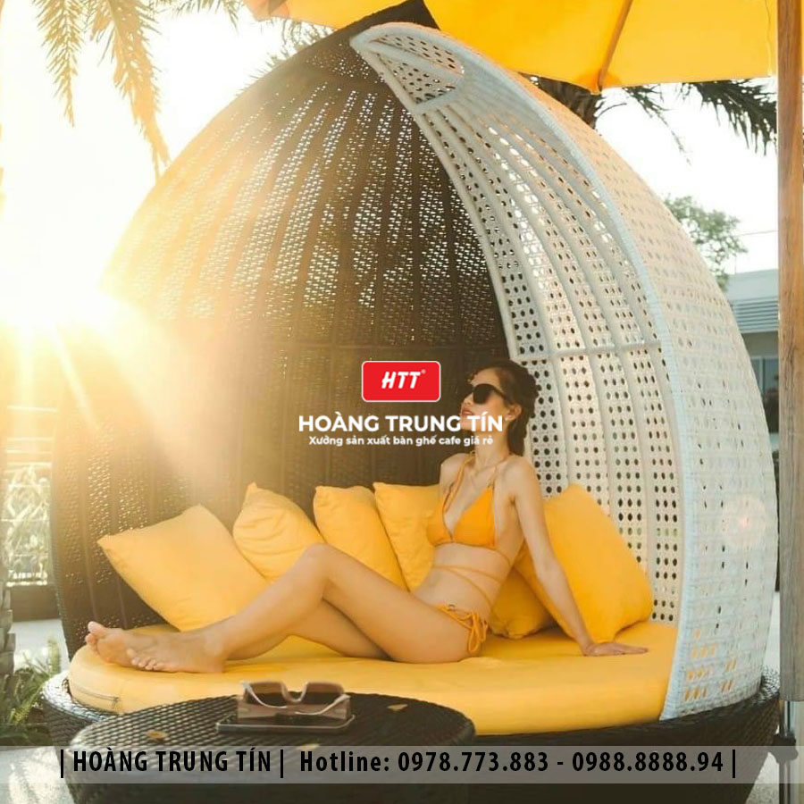 Giường tắm nắng mái vòm đan nhựa giả mây HTT004
