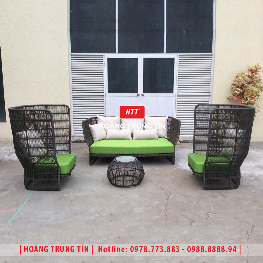 Sofa giả m&acirc;y g&oacute;c L khung sắt ngo&agrave;i trời cho qu&aacute;n cafe rộng