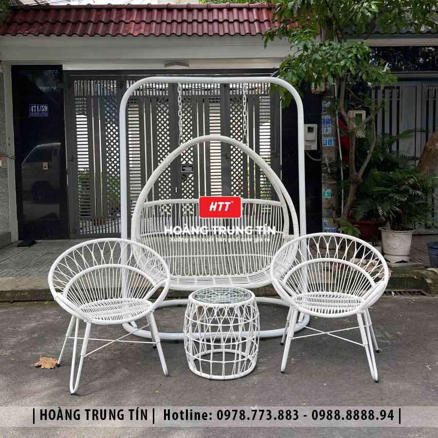 Xích đu đôi đan nhựa giả mây ngoài trời HTT15