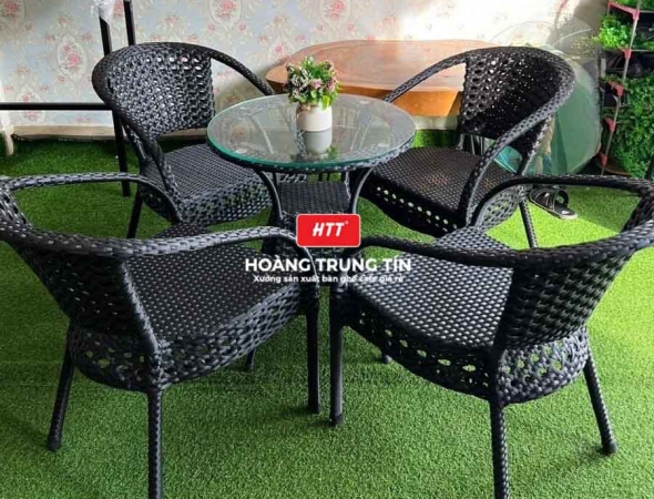 Bàn ghế cafe đan nhựa mây cao cấp HTT017