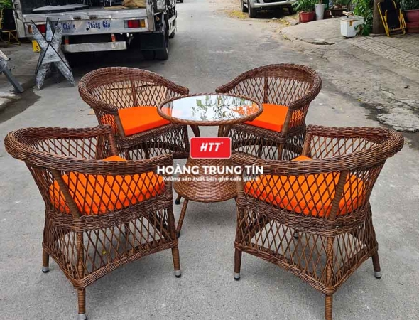 Bàn ghế cafe đan nhựa mây cao cấp HTT002