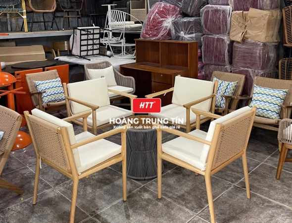 Bàn ghế cafe gỗ đan dây giấy se HTT02