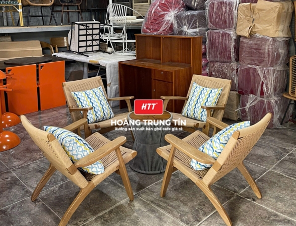 Bàn ghế cafe gỗ đan dây giấy se HTT03