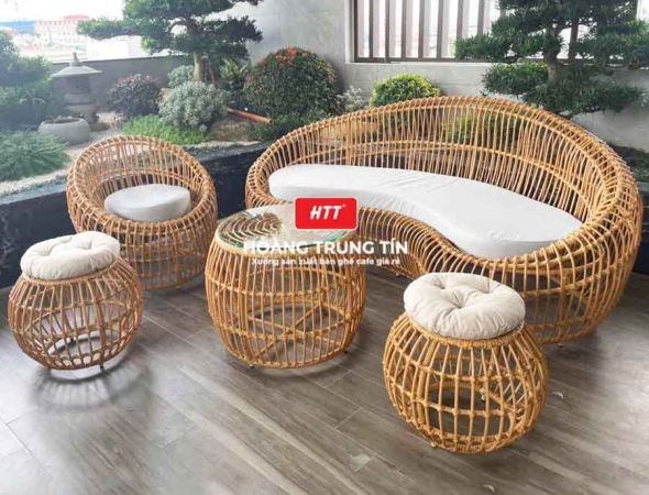 Bàn ghế sofa trứng đan nhựa mây HTT012