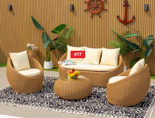 Bàn ghế sofa trứng đan nhựa mây HTT025