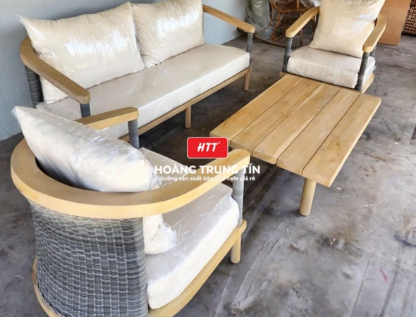 Bàn ghế sofa cafe gỗ nệm HTT04