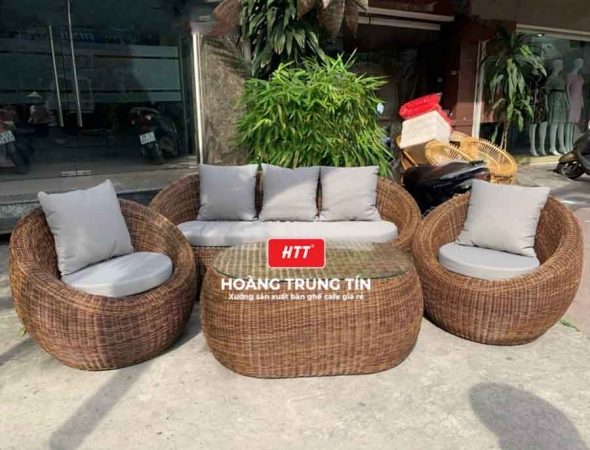 Bàn ghế sofa trứng đan nhựa mây HTT023